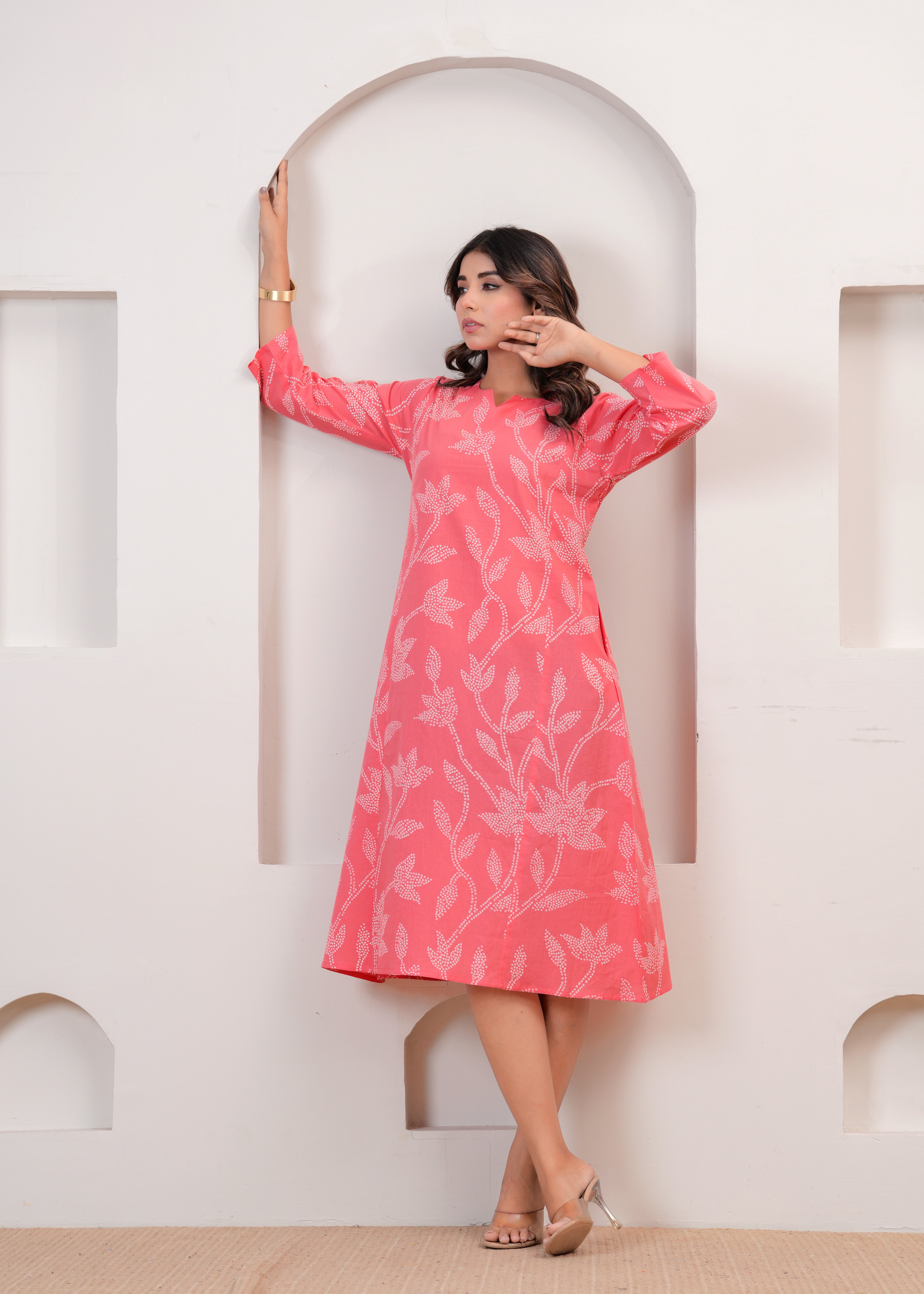 Coral Pink Floral A-line Dress